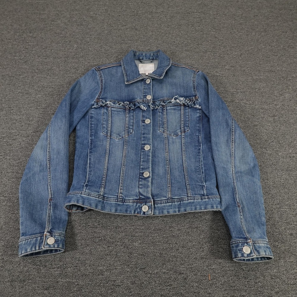 Zara Jacket Womens Medium Blue Trafaluc Denim Trucker Frayed Trim Crop Stretch